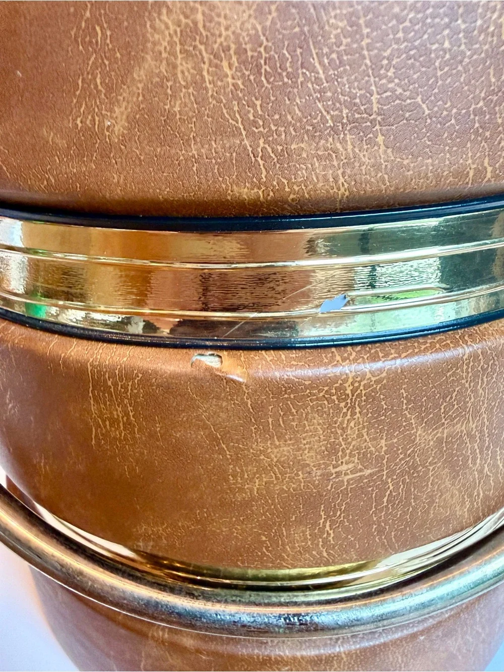 Vintage Faux Leather Ice Bucket Gold Tone Handle Mid Century Barware Brown